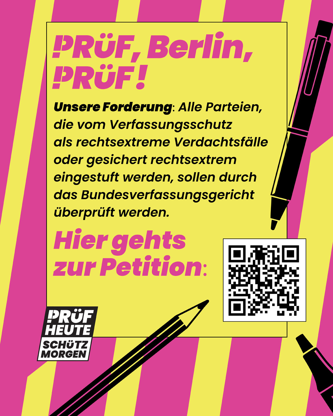 Sharepic: the complete demand on a yellow panel, magenta lines, QR code